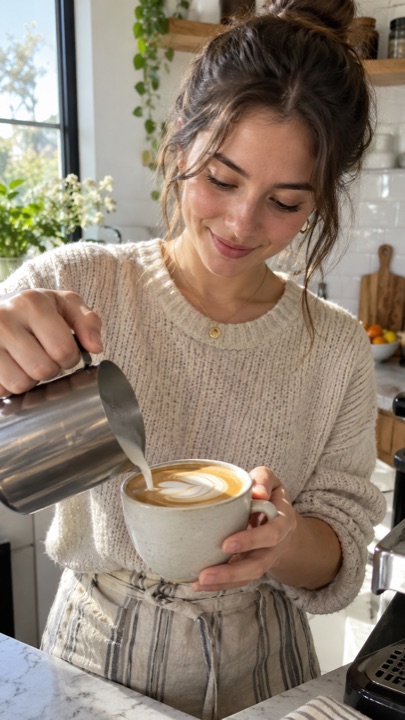 Video still of latte art being poured in a sunny kitchen